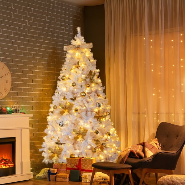 7.5FT White Pre-Lit Christmas Tree - 1600 PVC Branch Tips 400 Warm White LEDs Bow/Golden Flower Ornaments Easy Setup for Home