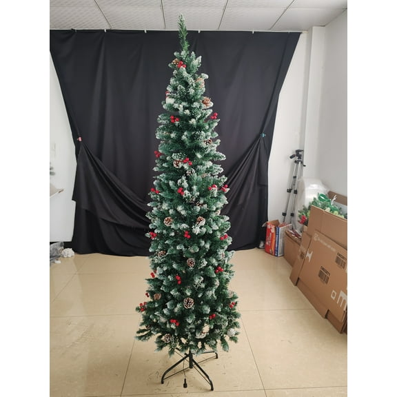 7.5FT tree (WITH LIGHT),Pre-decorated Pencil Cones 40 Frosted Tips Warm White With Clear Slim Modern Pvc Flocked Pine Cones Clear Collapsible 955 Pvc 7.5ft (with Fruit 955 400 Led 40 Red