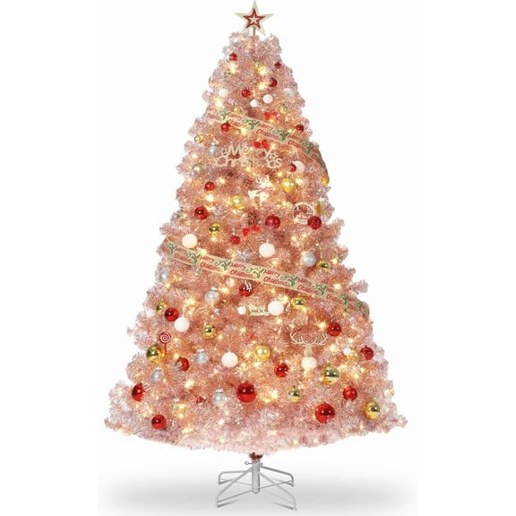 7.5Ft Christmas Tree, Rose Gold Artificial Full Prelighted Christmas Tree with Sturdy Metal Stand & Realistic Branch Tips, Skinny Xmas Holiday Decoration for Christmas, Home, Office, Rose Gold