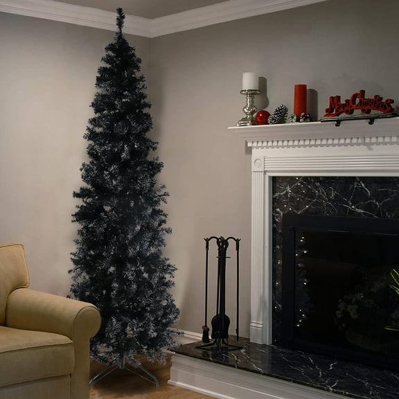 7.5Ft Halloween Christmas Tree, Artificial Christmas Tree with 1000 Tips, Collapsible Pencil Halloween Christmas Trees w/Solid Metal Legs, Halloween Decorations for Indoor Outdoor, Black, SS1502