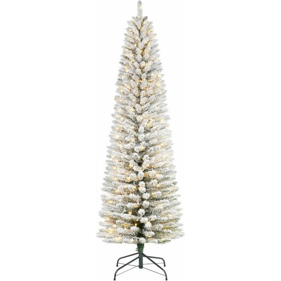 7.5Ft Prelit Snow Flocked Pencil Christmas Tree, Slim Artificial Xmas Tree with 220 Warm White Lights, 332 Snow Branch Tips, Metal Stand for Christmas Decoration, Home, Office