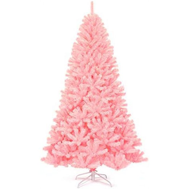 7.5Ft Unlit Pink Artificial Christmas Tree, Hinged Spruce Full Tree