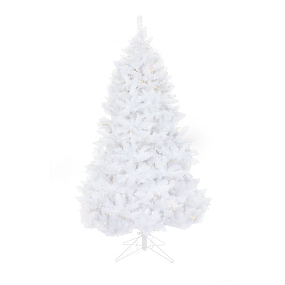 Perfect Holiday 7.5 Ft Prelit Spruce Christmas Tree, crafted with 1311 realistic tips and 650 clear LED Bulbs with Metal Stand, White