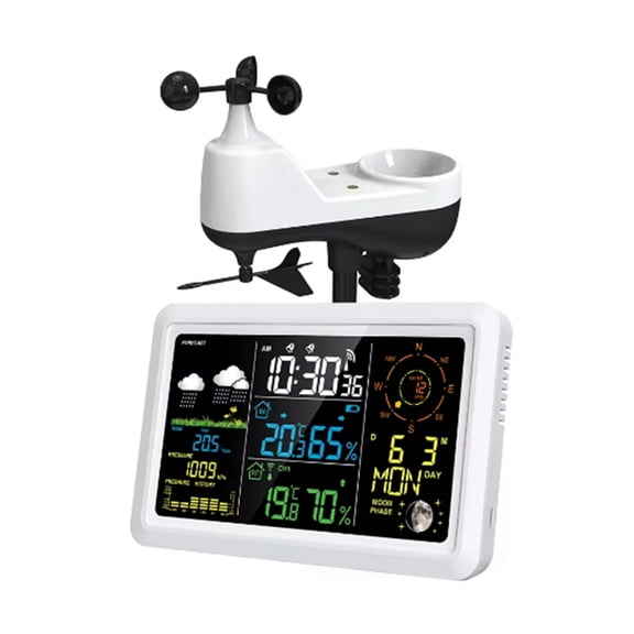 7.5In LCD Screen Weather Station with Outdoor Sensor Indoor Outdoor Thermometer Wind Speed and Direction Moon Phase(US),1 x Weather Station(Without AAA battery) 1 x Sensor 1 x Adapter,White