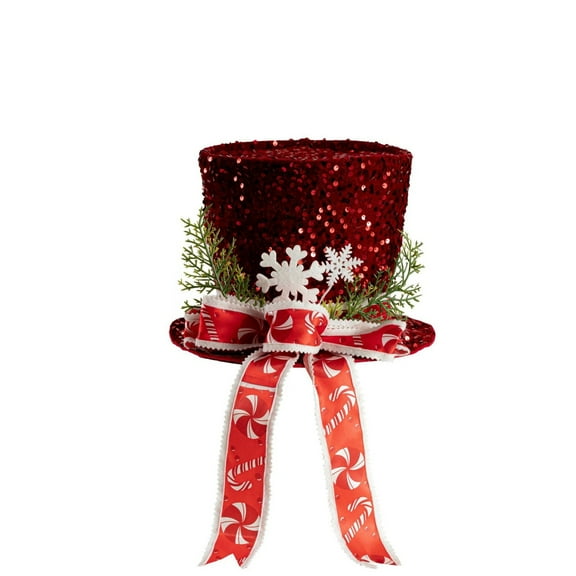 7.5Inch Christmas Tree Topper Hat, Large Red Sequins Top Hat with Bow Ribbon and Snowflake, Christmas Decorations for Xmas Tree Snowman, Desktop Ornaments Holiday Home Decor