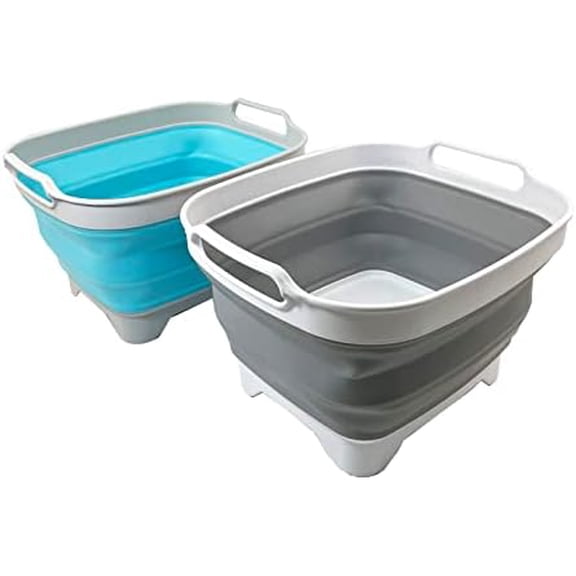 7.5L (2 Gallons) Collapsible Dishpan with Draining Plug - Foldable Washing Basin - Portable Dish Washing Tub - Space Saving y (Grey + Cyanine, 2)