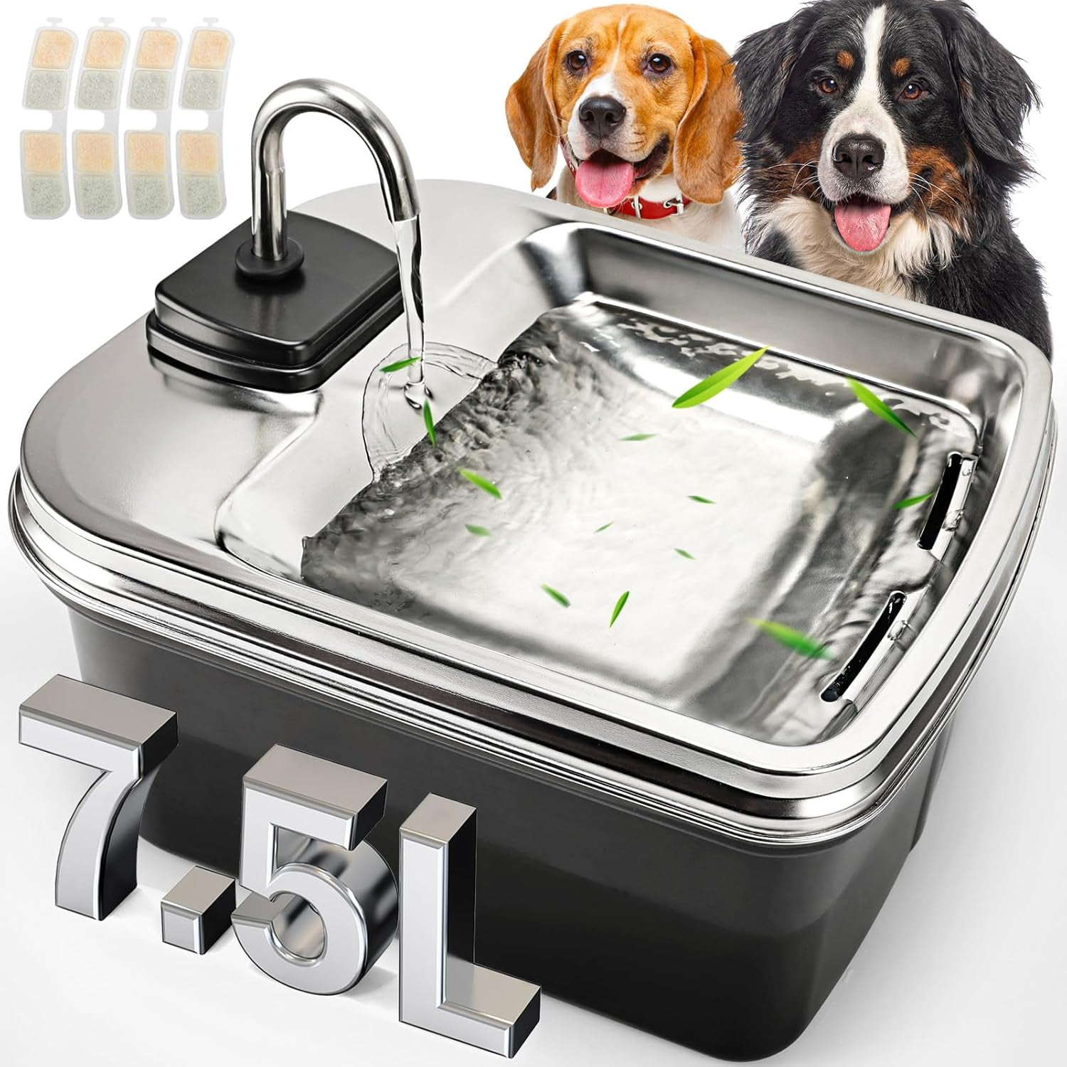 View of 7.5L/254oz Dog Water Fountain with 4 Filters, Stainless Steel Pet Water ...