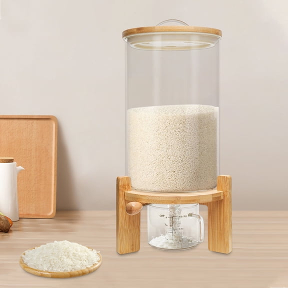 7.5L Rice Dispenser, Glass Airtight Storage Container with Bamboo Lid, Bottom Valve, Measuring Cup, for Dry Food Beans Flour Pet Food, Kitchen Canister