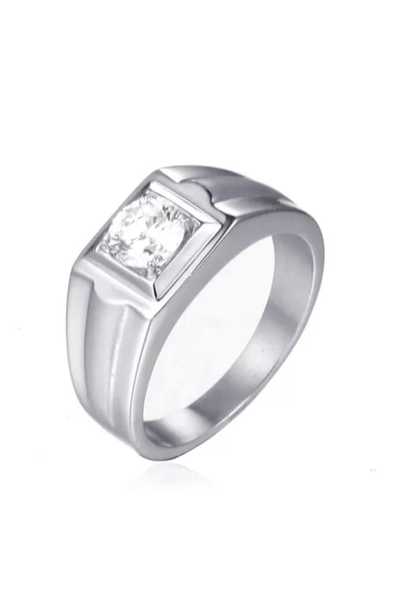 7.5MM Men's Silver Titanium Steel Round AAA CZ Band Polished 10mm Ring Size 7-12