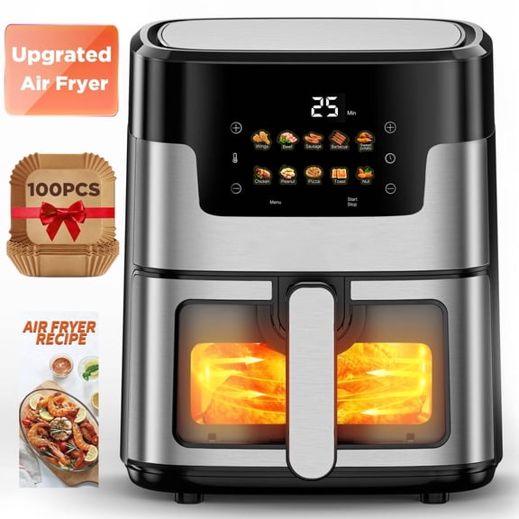 7.5QT Air Fryer, 10 in 1 Touch Screen Portable Air Fryer, Visible Window, 1350W, Dishwasher-Safe w/100 Paper Liners