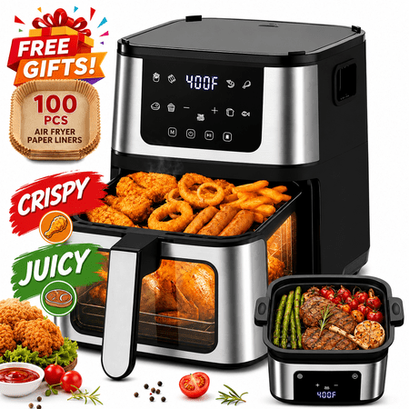 7.5QT Air Fryer Oven, 8 Presets Digital Touchscreen, Dual-Layer Cooking with Searing Grill Plate, Viewing Window