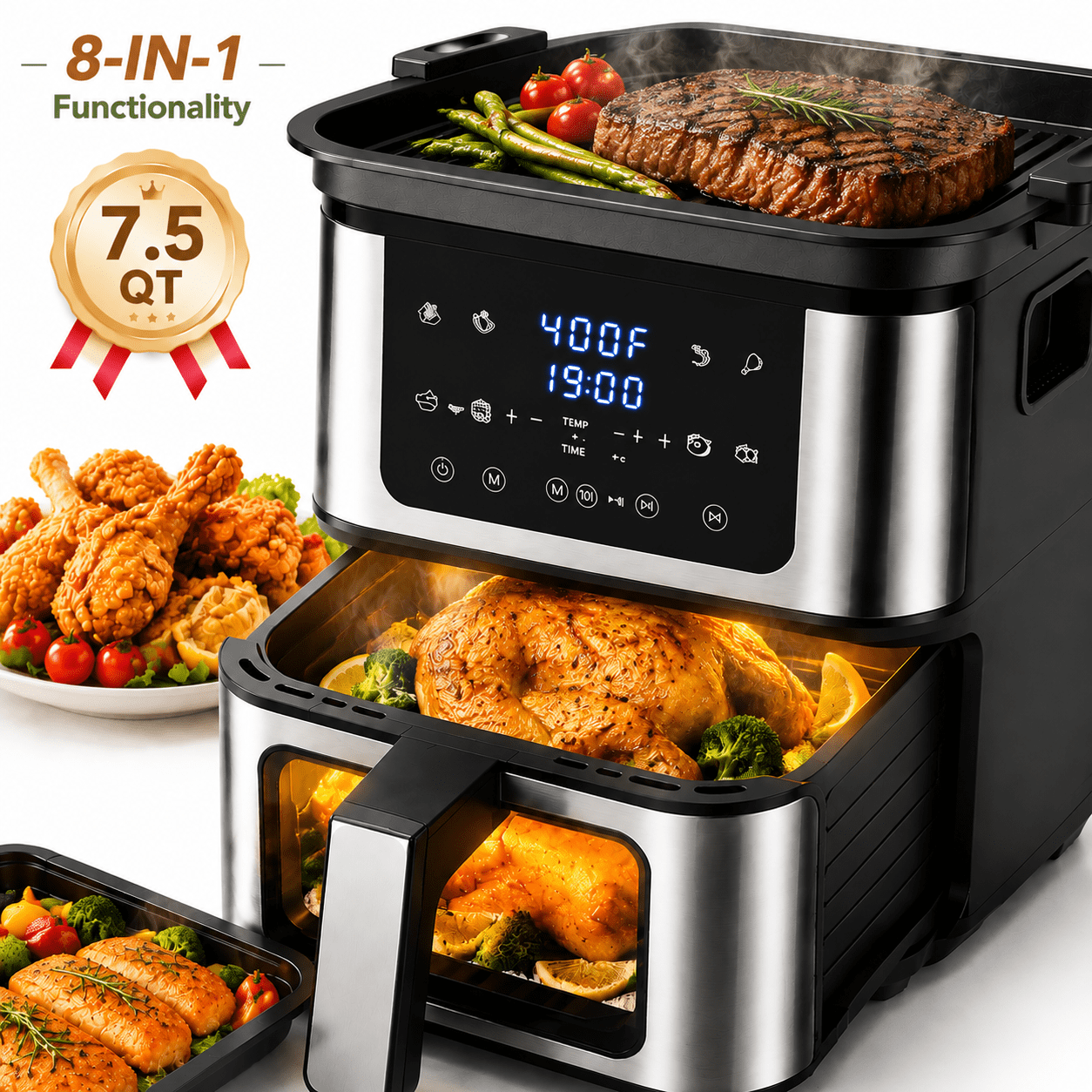 7.5QT Large Capacity Air Fryer Oven with Grill Plate, Air Fryer for Family Meals, Digital Air Fryer with Viewing Window & Interior Light, 1450W Rapid Air Circulation Fryer, Nonstick Basket Black