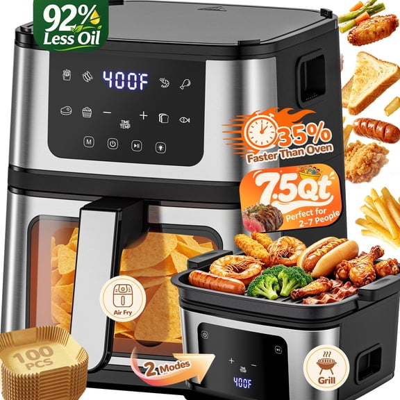 7.5QT Dual Zone Air Fryer with Indoor Grill, Pfas-Free Nonstick Basket, 8 Presets, Dishwasher Safe, Black