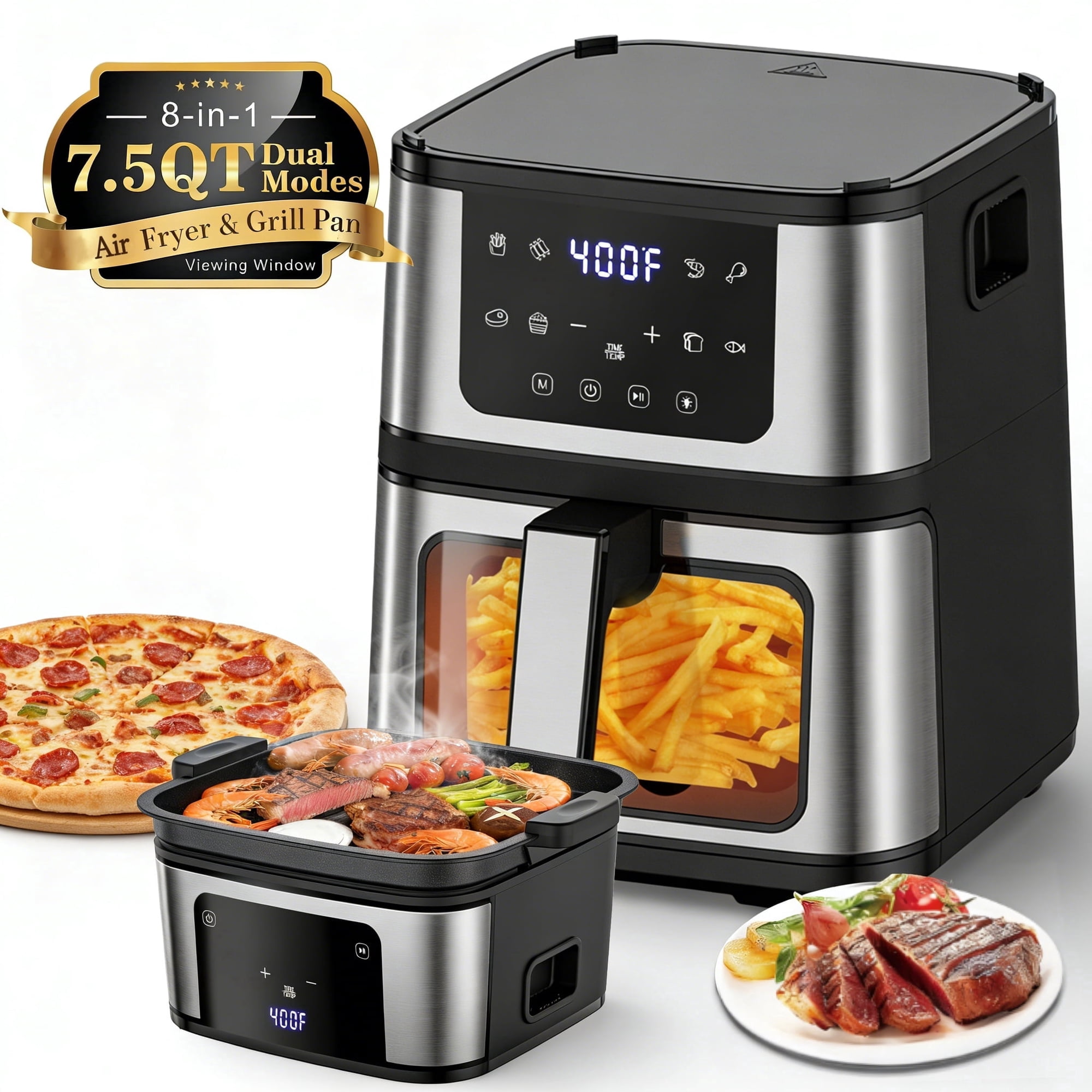 7.5QT Air Fryer, PFAS-Free Nonstick Drawer, Adjustable Temp & Timer, 8 Cooking Presets, LED Indicator, Oil-Less Cooking, Dishwasher Safe, Compact Family Size, Black