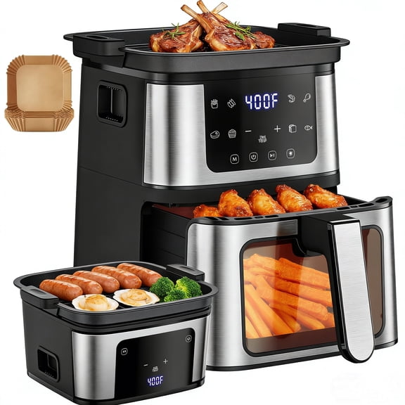 7.5QT Air Fryer with Grill & 100Pcs Papers, Air Fryer Oven with 2 Functions+8 Programs, Non-Stick Dishwasher-Safe Basket, LCD Touch Screen Air Fryer