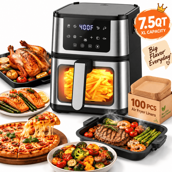 7.5QT Air Fryer with Interior Light & Viewing Window, 2-in-1 Fry + Grill Design, 8 Cooking Presets, Nonstick & 100 Liners