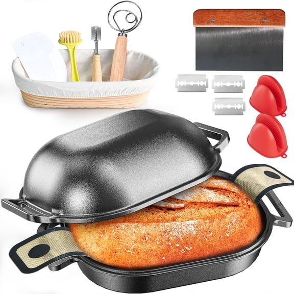 7.5QT Black Cast Iron Dutch Oven with Banneton Proofing Basket and Baking Supplies