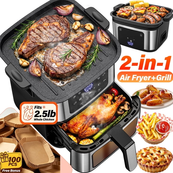 7.5QT Dual Mode Air Fryer Oven, 8-in-1 Functions, Digital Control & LED Touchscreen, Easy View Window, Versatile Air Fryer for Reheat, Roasting, Baking, 92% Oil-Less, 400F Max Temperature