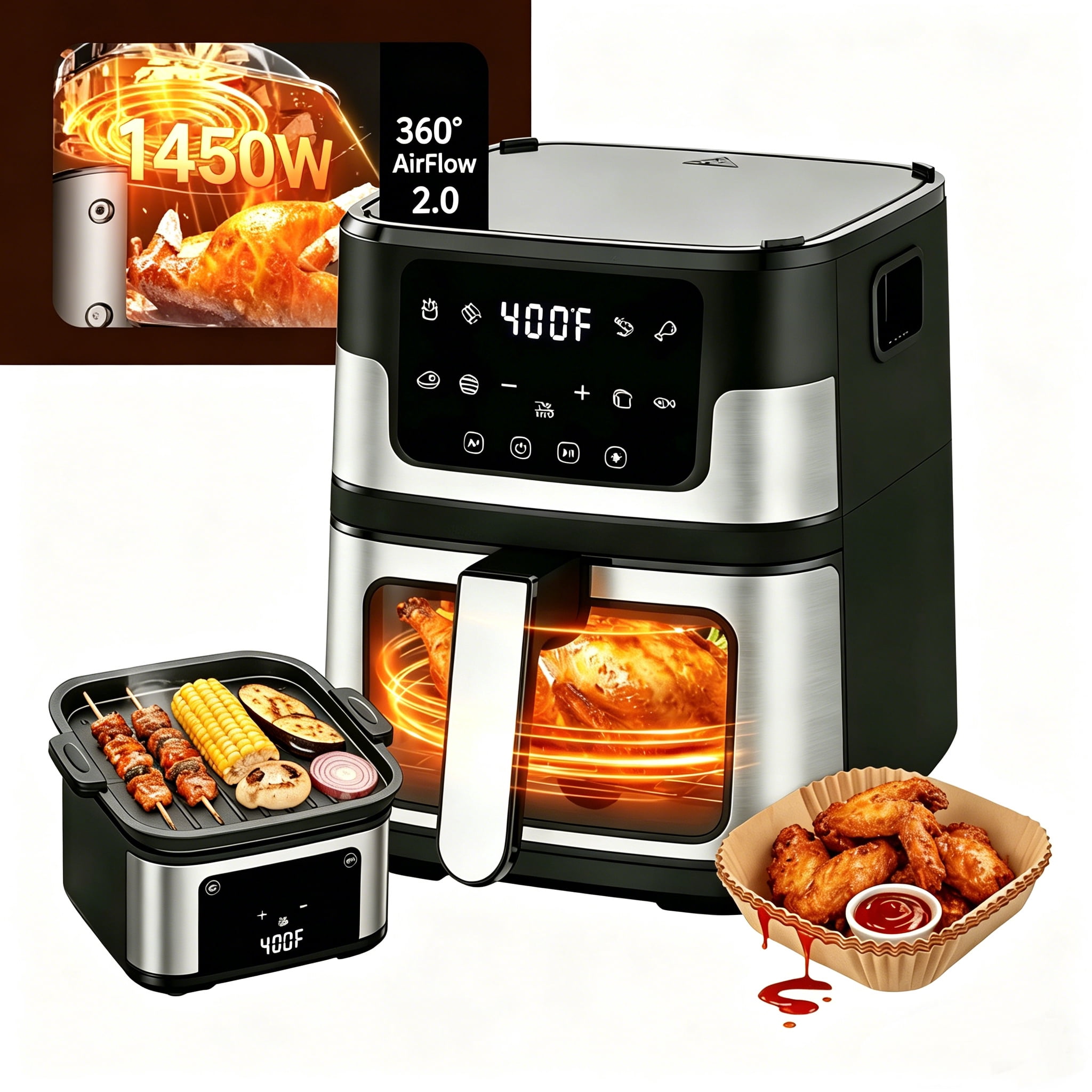 7.5QT Family-Size Air Fryer Oven – 8-in-1 Digital LED Touchscreen, 360° Rapid Air Circulatio, Detachable Grill Plate, Large Viewing Window, Nonstick Basket + 100 Liners, Up to 7 Servings