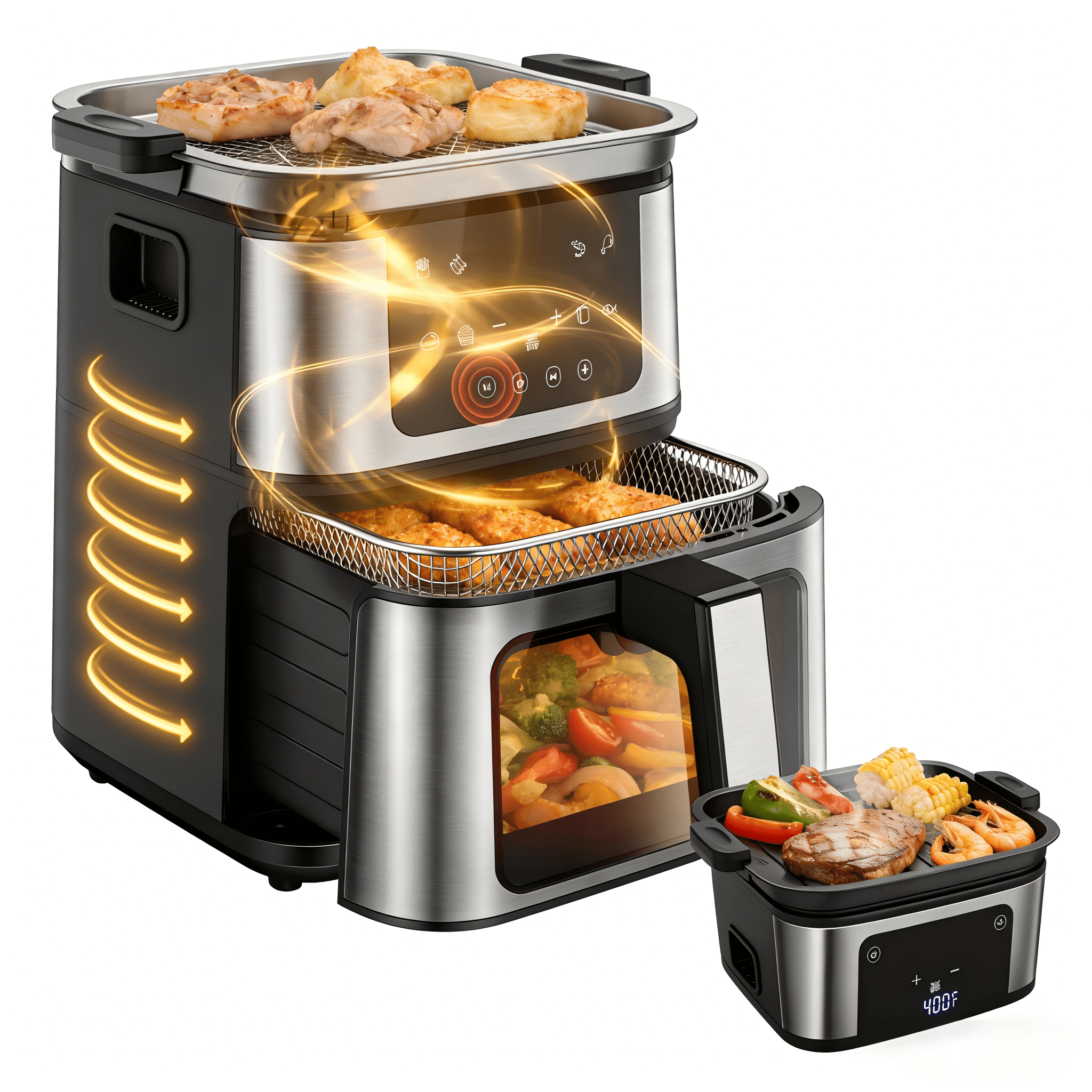 7.5QT XL Air Fryer with Flip-Over Grill, 8 Cooking Presets, Internal Light, 160-400°F, Auto Shutoff, Dishwasher Safe, 100 Paper Liners Included for Easy Cleanup