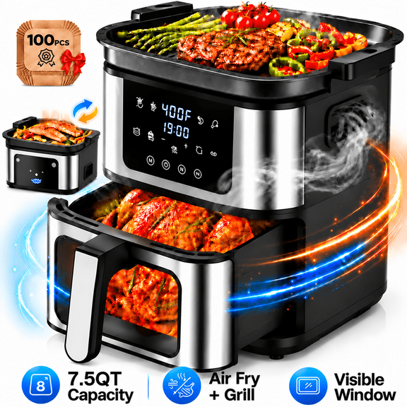 7.5QT XL Air Fryer, Large Capacity Air Fryer Oven with Viewing Window and Interior Light, 8-in-1 Digital Air Fryer with Nonstick Basket and 100PCS Liners, 400F Fast Heating, Stainless Steel Black