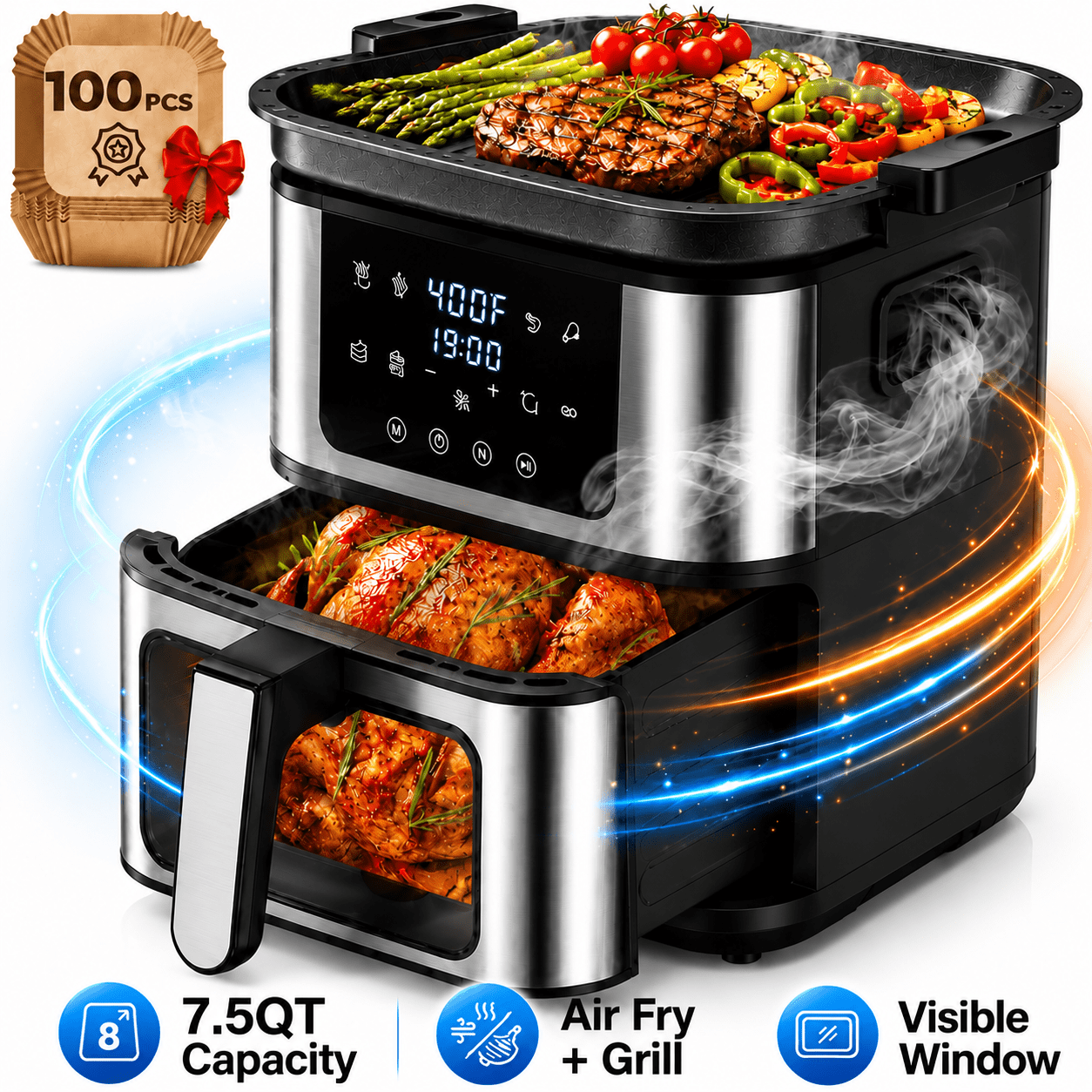 7.5QT XL Air Fryer, Large Capacity Air Fryer Oven with Viewing Window and Interior Light, 8-in-1 Digital Air Fryer with Nonstick Basket and 100PCS Liners, 400F Fast Heating, Stainless Steel Black