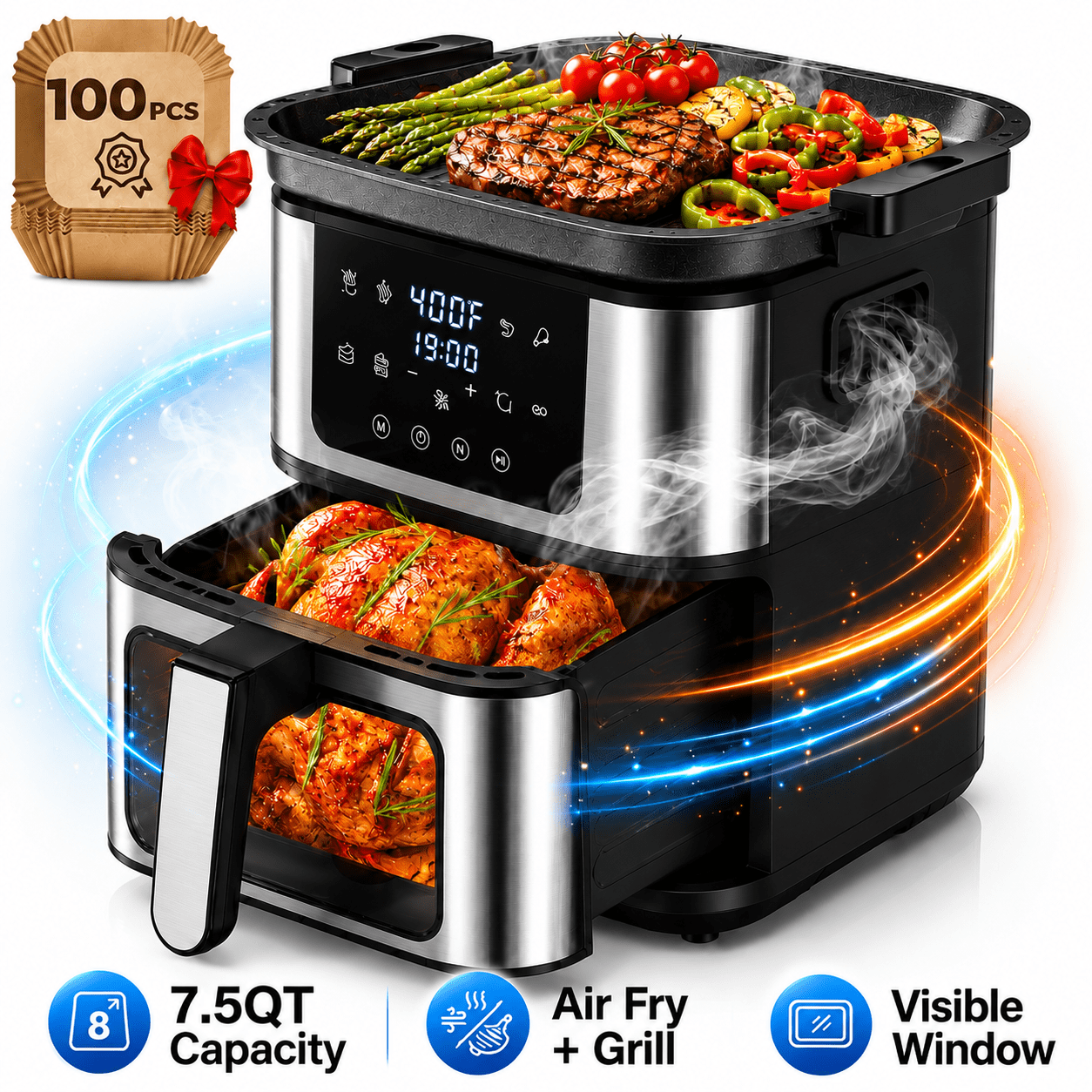 7.5QT XL Air Fryer, Large Capacity Air Fryer Oven with Viewing Window and Interior Light, 8-in-1 Digital Air Fryer with Nonstick Basket and 100PCS Liners, 400F Fast Heating, Stainless Steel Black