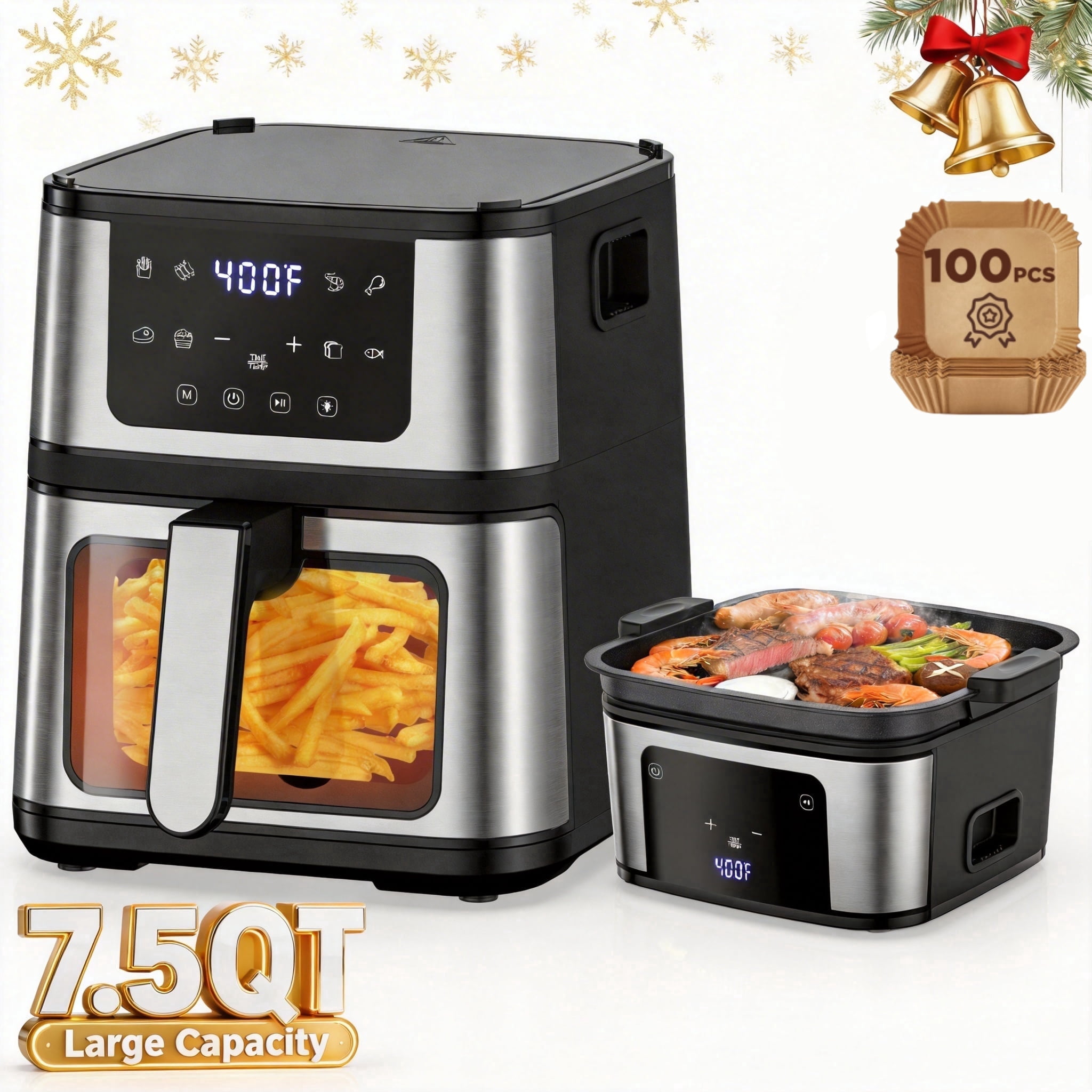 7.5Qt Air Fryer oven, Nonstick Coating, Adjustable Temperature, 8 Preset Cooking Options, Features Digital Timer, Quick & Easy Meals in Minutes, Include 100 liners, Black