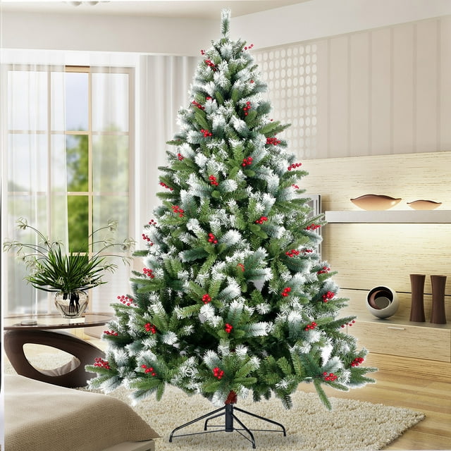 7.5ft Artificial Christmas Tree with Cones Red Berries, Flocked ...
