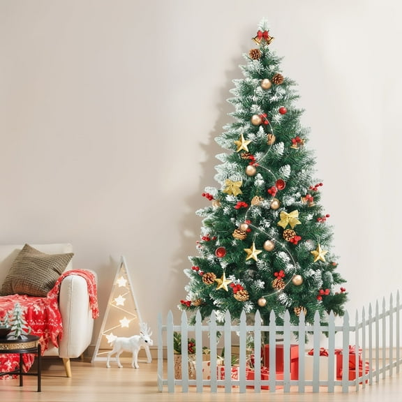 7.5ft Christmas Tree, Cedar Tree, Artificial Holiday Tree, Faux Christmas Tree, Ideal Option for Festive Decorations, Event Decorations (Cedar Tree Features Pine Cones and Red Berries)