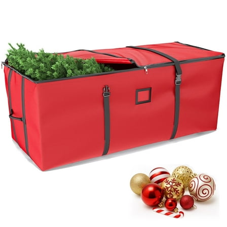 Christmas Tree Storage Bag, Fits Up to 7.5 ft Artificial Christmas Tree with Buckle Straps & Dual Zippers & Handles, 600D Oxford Durable Waterproof Material, Red