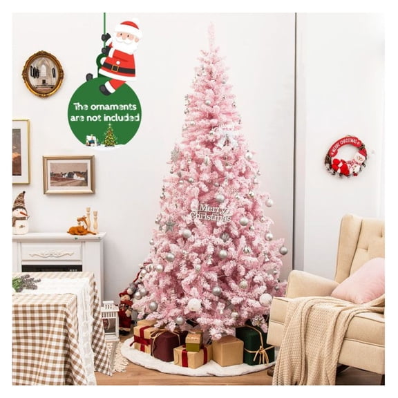 7.5ft Flocked Pink Christmas Tree, Pre-Lit LED, 1100 Tips, 8 Modes, Metal Stand - Holiday Home Office Decor