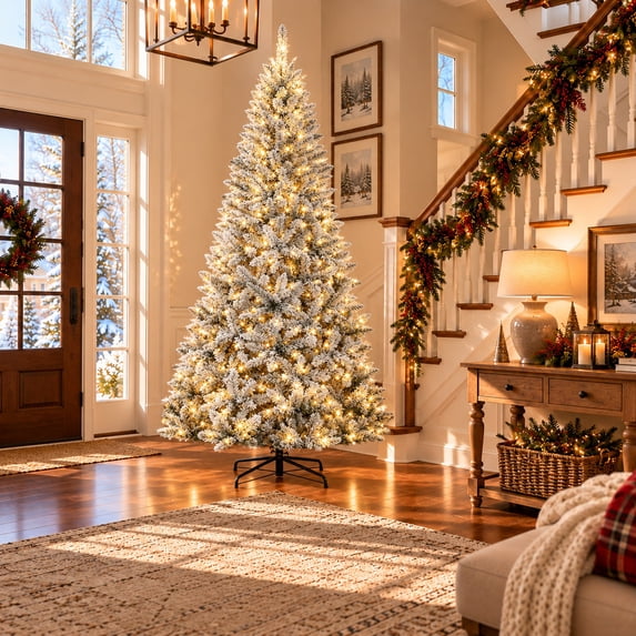 7.5ft Full Flocked Pre-Lit Artificial Christmas Tree with Warm White ...