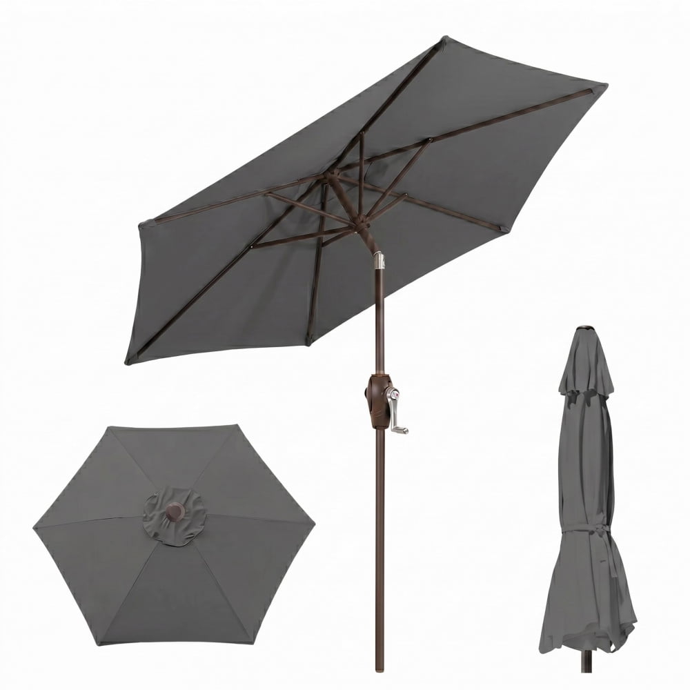 7.5ft Gray Patio Umbrella With Crank Lift, 6 Fiberglass Ribs, UPF50+ UV ...