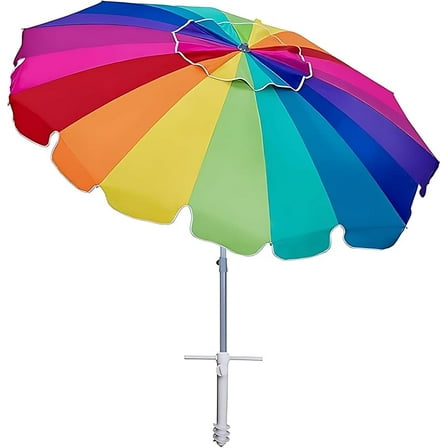 D2025 7.5ft Large Heavy Duty HIGH Wind Beach Umbrella with sand anchor & Tilt Sun Shelter, UPF 50+ Protection Outdoor Umbrellas Sunshade with Carry Bag for Patio Garden Pool Backyard Rainbow