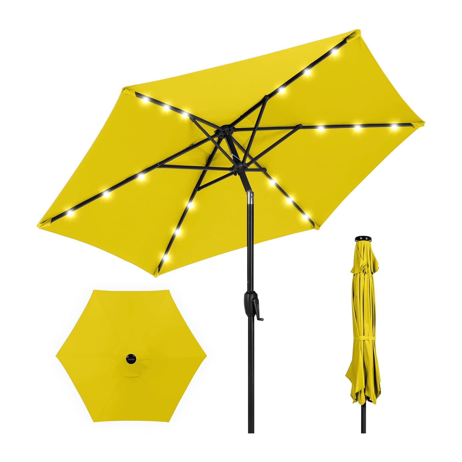 7.5ft Outdoor Solar Market Table Patio Umbrella with Easy Tilt Adjustment and 6 Ribs and Sturdy Frame for Deck, Pool w/Tilt, Crank, LED Lights - Yellow