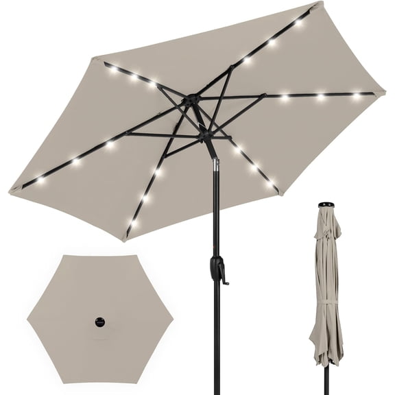 7.5ft Outdoor Solar Market Table Patio Umbrella for Deck, Pool w/Tilt, Crank, LED Lights - Beige