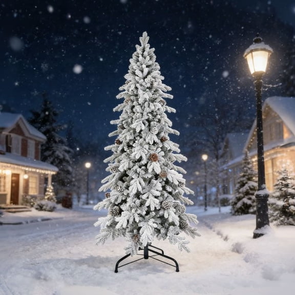 7.5ft PE/PVC Hybrid Automatic flocking Christmas Tree with pine cone- Steel Wire Support Easy-Open Holiday Decor