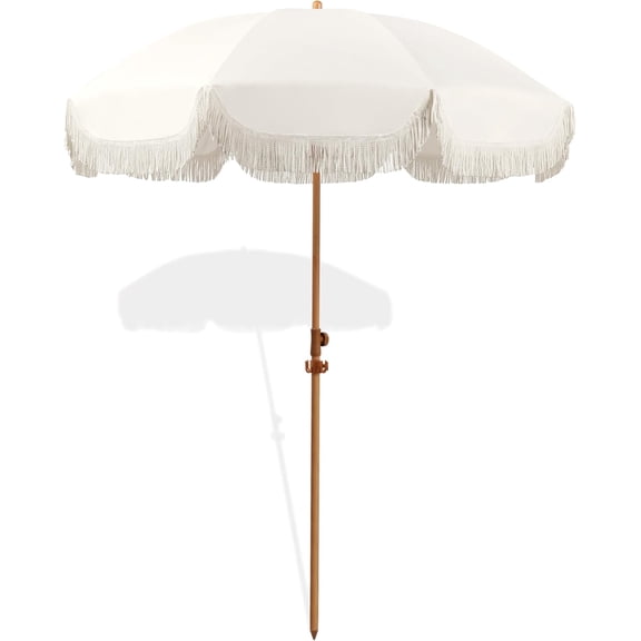 7.5ft Patio Umbrella with Fringe, Beach Umbrella, Fringe Umbrella Outdoor Patio with Hanging Hook, Tilting Aluminum Pole, UV 50+, Fiberglass Ribs, Elegant Cream
