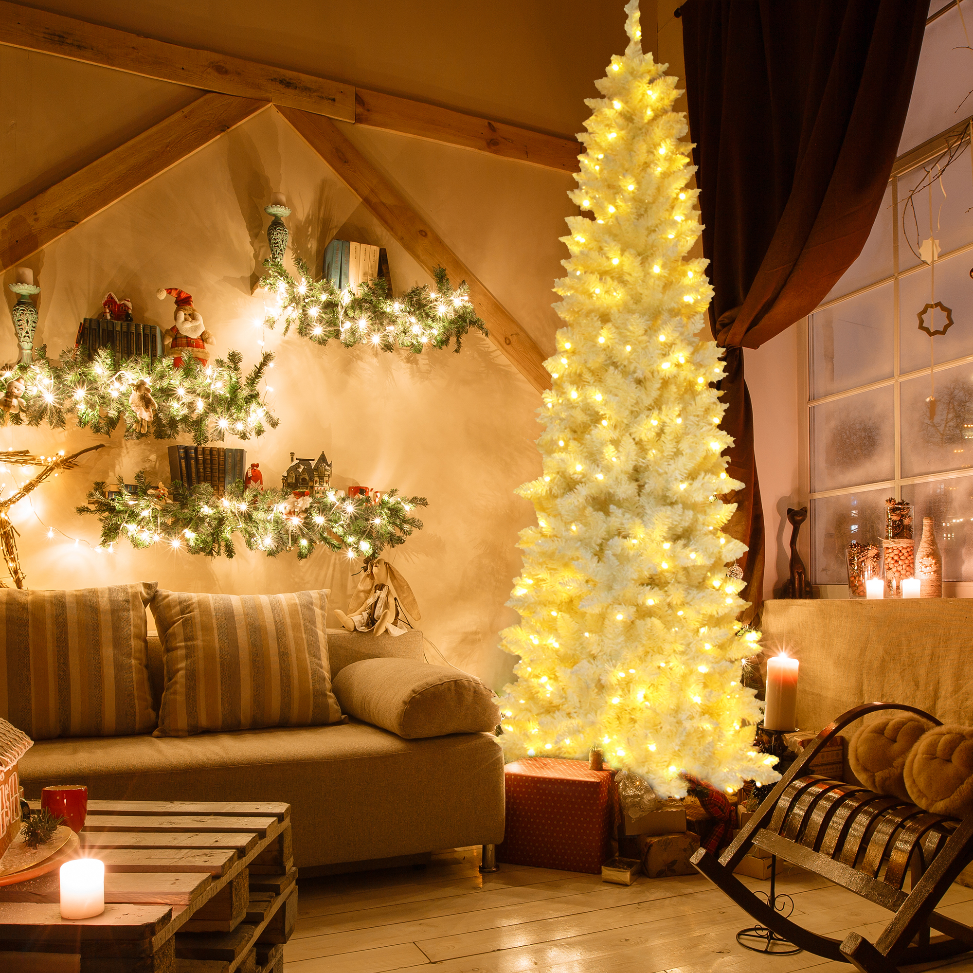 7.5ft Pencil White Christmas Tree White Christmas Tree, Artificial Slim Pencil White Christmas Tree