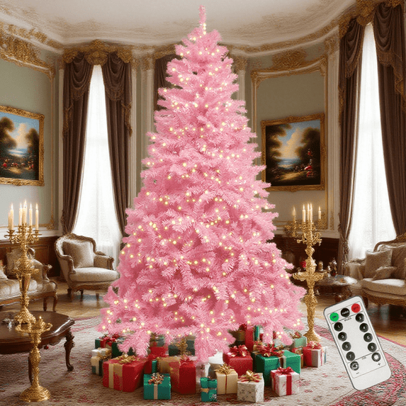 7.5ft Pink Artificial Christmas Tree Decoration - 100ft LED String 240 Bulbs Light with Remote Control and Timmer Xmas Decors
