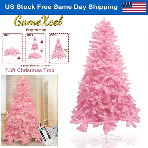7.5ft Pink Artificial Christmas Tree with USB Lights & 1000 Branch Tips & Remote Timer for Room Home Christmas Party Office Mall Decorations