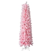7.5ft Pink Artificial Pencil Christmas Tree, Snow Flocked Hinged Christmas Tree with 641 Branch Tips and Sturdy Stand, Xmas Trees for Indoor Outdoor Home Holiday Decoration
