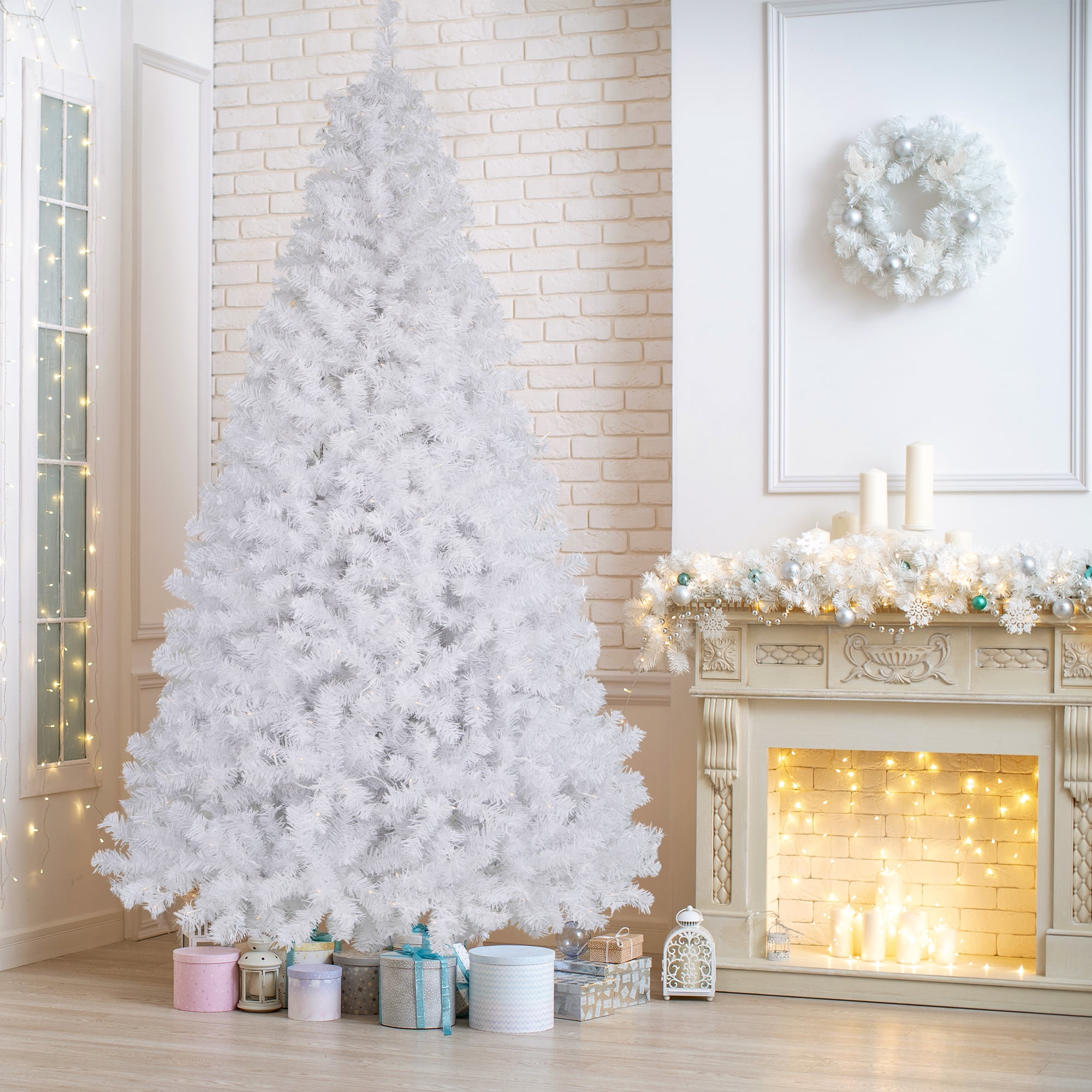Angeles Home 7.5 ft. White Pre-Lit Hinged Artificial Christmas Tree with Remote Control Lights