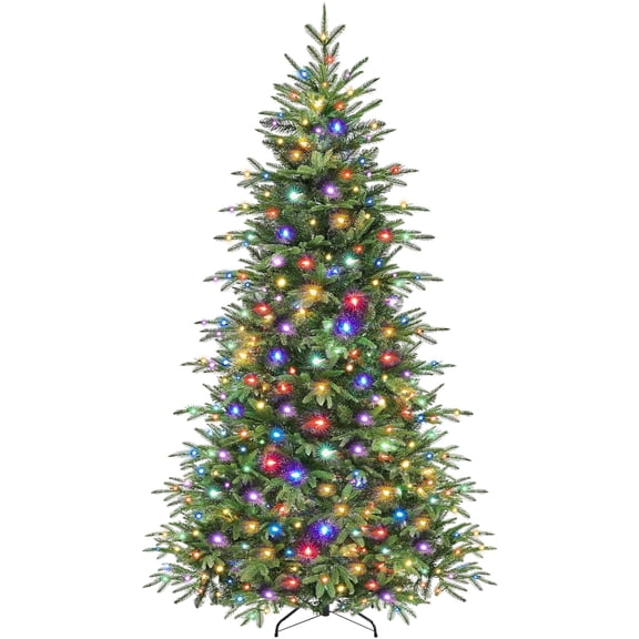 7.5ft Pre - Lit Artificial Noble Fir Christmas Tree with 450 Multicolored LED Lights, 2136 PE & PVC Branch Tips, 9 Light Modes, Foldable Metal Stand for Holiday Decor,Green