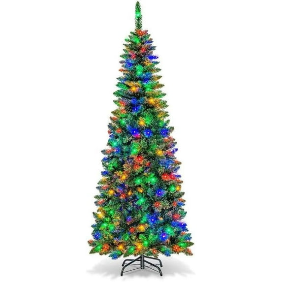 7.5ft Pre-Lit Pencil Christmas Tree with 200+ LED Lights, Slim Artificial Xmas Tree for Small Spaces, Includes Metal Stand - Easy Assembly Holiday Decor