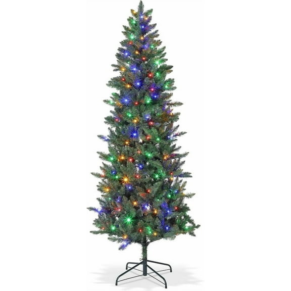7.5ft Pre-Lit Pencil Christmas Tree, Hinged Artificial Slim Tree with 796 PVC PE Branch Tips, 200+ LED Lights, Life-Like Xmas Tree for Indoor Home Office Decor, Easy Setup