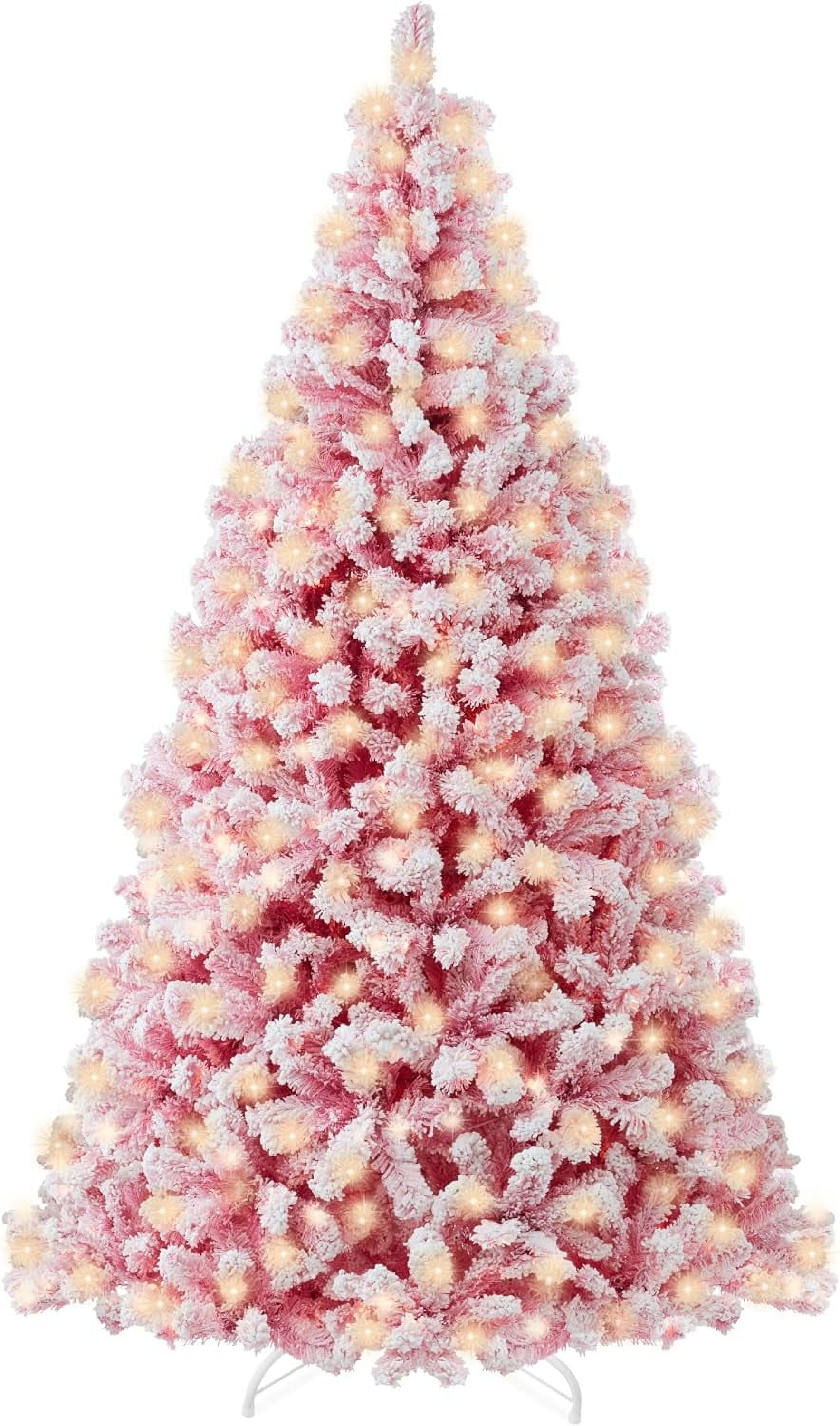 7.5ft PreLit Pink Christmas Tree, Artificial Snow Flocked Full Fir Pre Lit Pink Christmas Tree