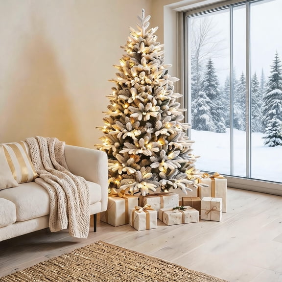 7.5ft Pre-Lit Snow Flocked Artificial Christmas Tree with Remote-Control Warm White LED Lights – Realistic Frosted PE/PVC Holiday Xmas Tree – Indoor Decor – 7.5 feet