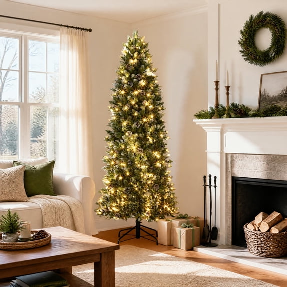 7.5ft Pre-Lit Snow Flocked Artificial Christmas Tree | White Lighted Slim Pencil Xmas Tree with 250 Warm White Lights, Pine Cones, Foldable Stand, 8 Lighting Modes